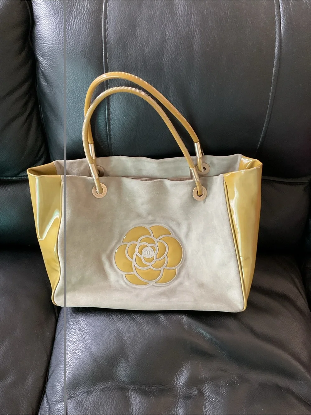 CHANEL Beige Suede Tote with Mustard Patent Trim and Camellia